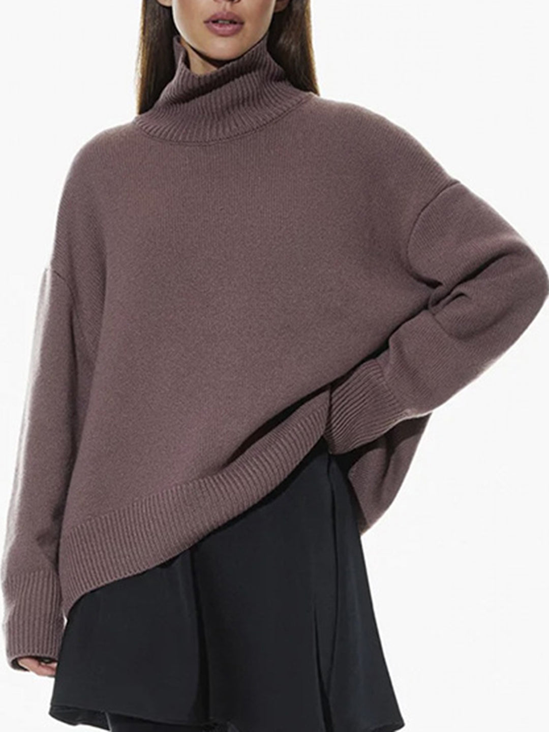 Ribbed Detail Turtleneck Dropped Shoulder Sweater