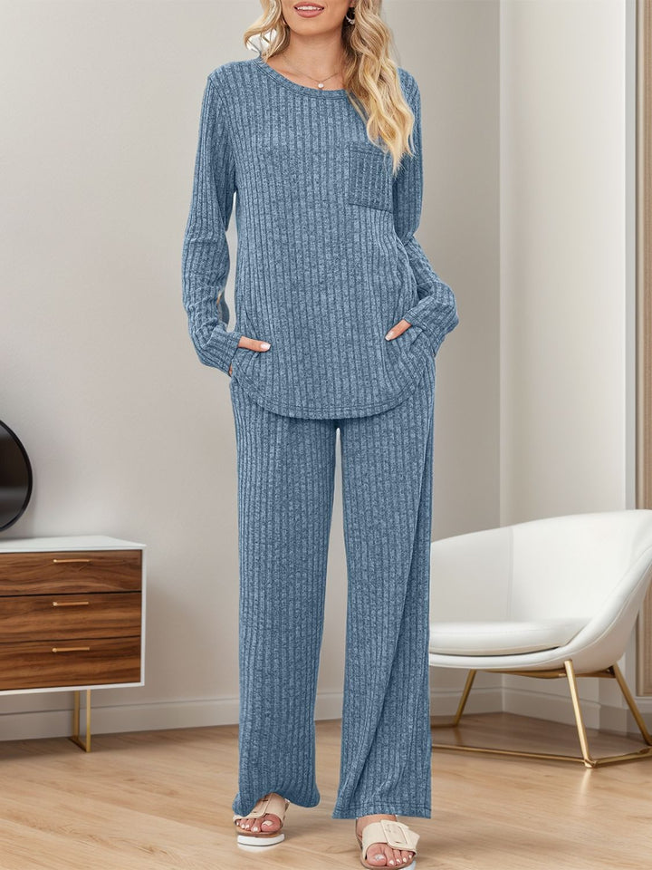 Round Neck Long Sleeve Top and Pants Set