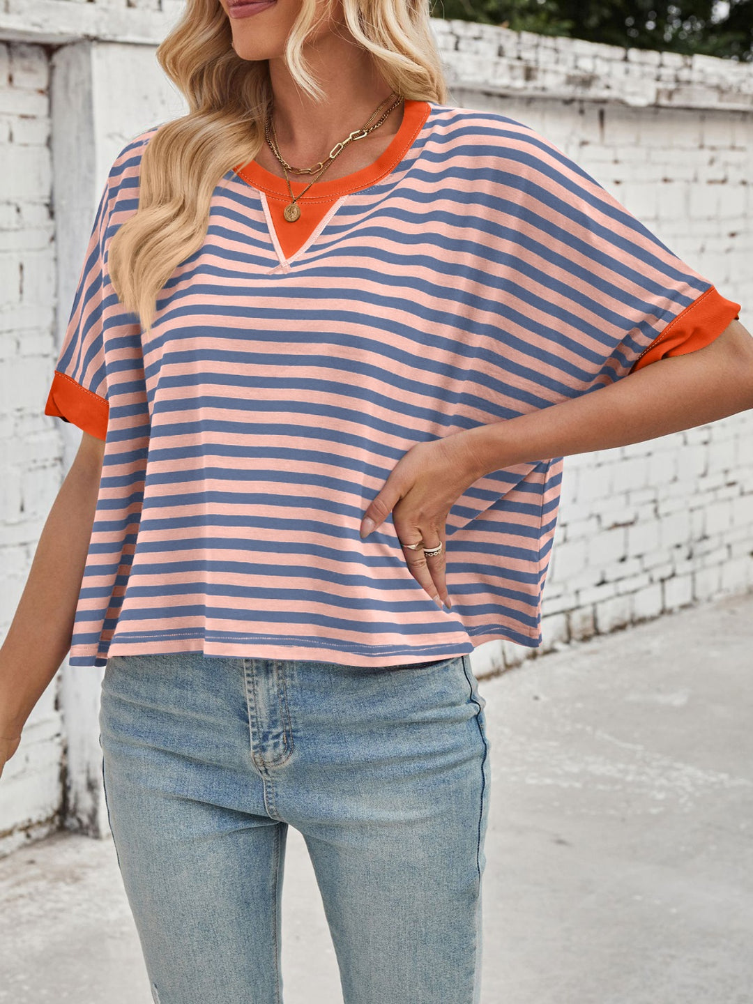 Lovelet Striped Round Neck Short Sleeve T-Shirt