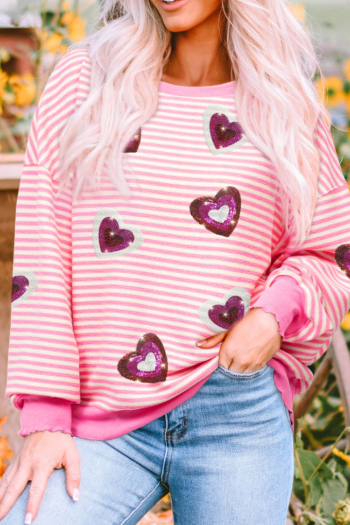 Valentine’s Day Sequin Heart Striped Round Neck Long Sleeve Sweatshirt