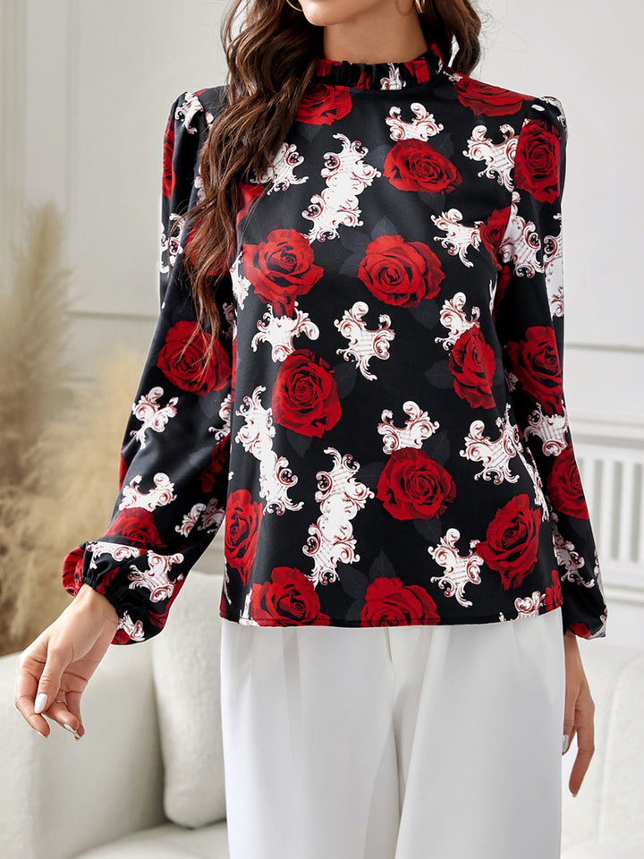 Frill Floral Mock Neck Long Sleeve Top