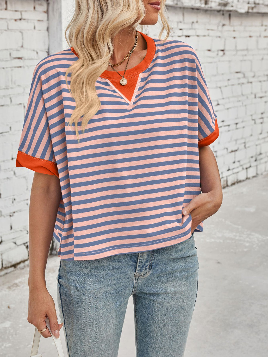 Lovelet Striped Round Neck Short Sleeve T-Shirt