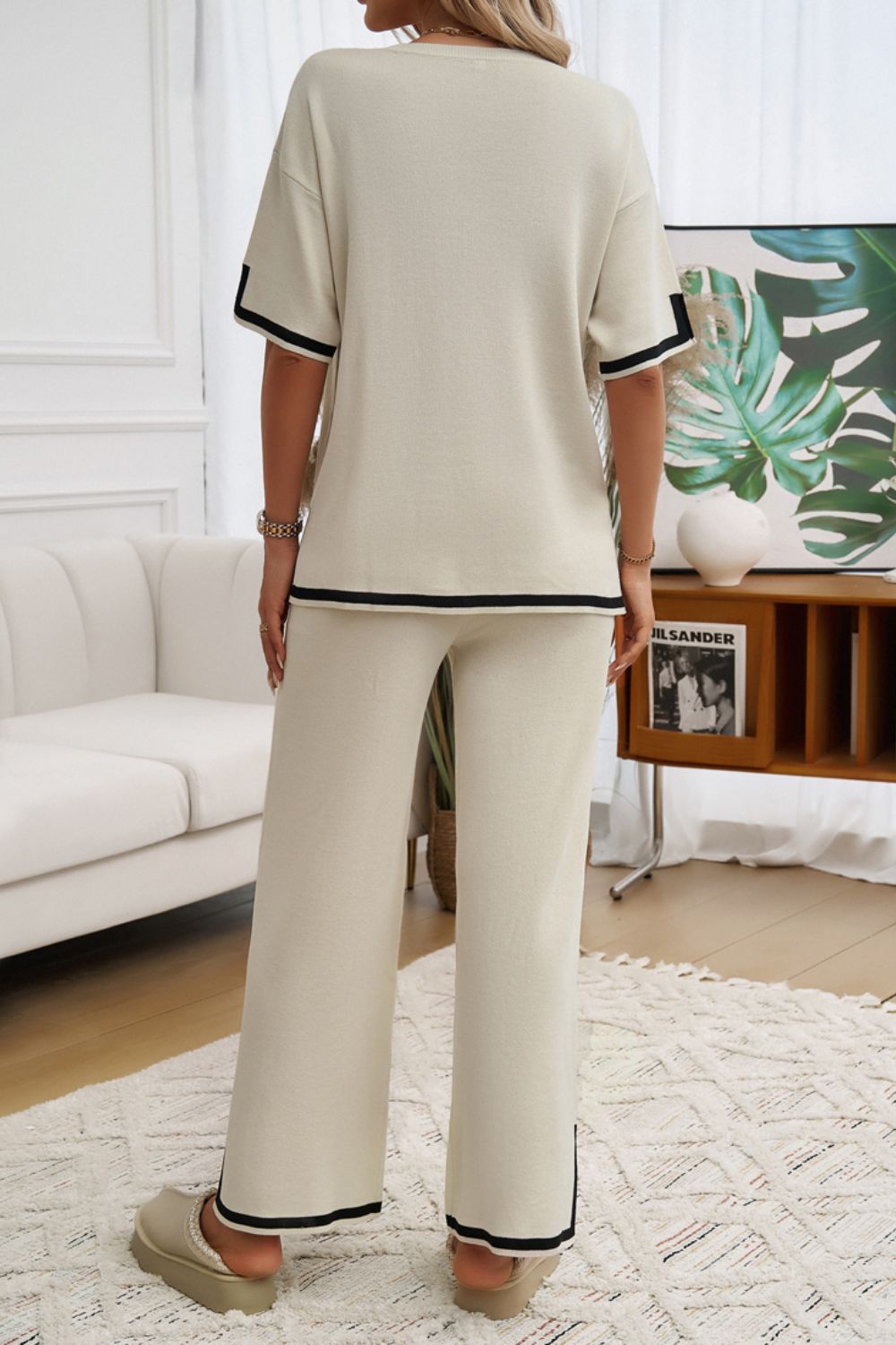 Devine Contrast Trim Half Sleeve Top and Pants Set