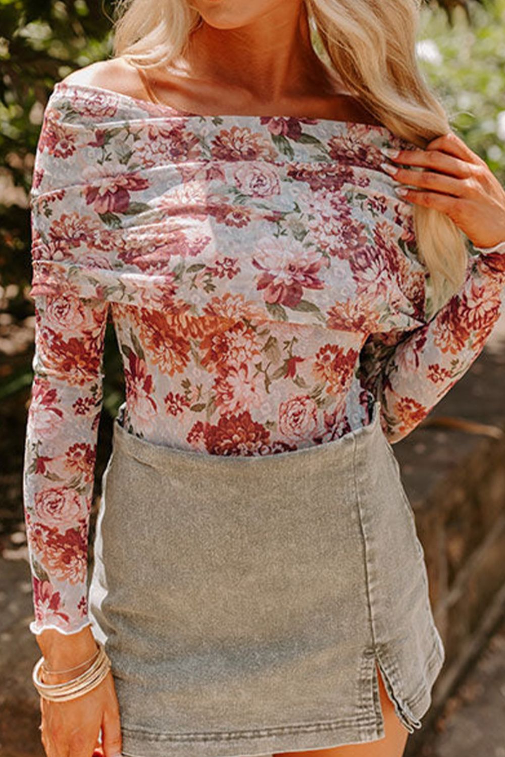 Floral Off-Shoulder Long Sleeve Bodysuit