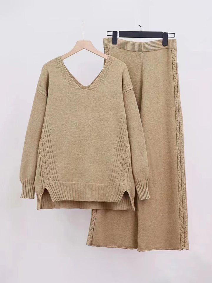 Slit V-Neck Long Sleeve Top and Pants Sweater Set