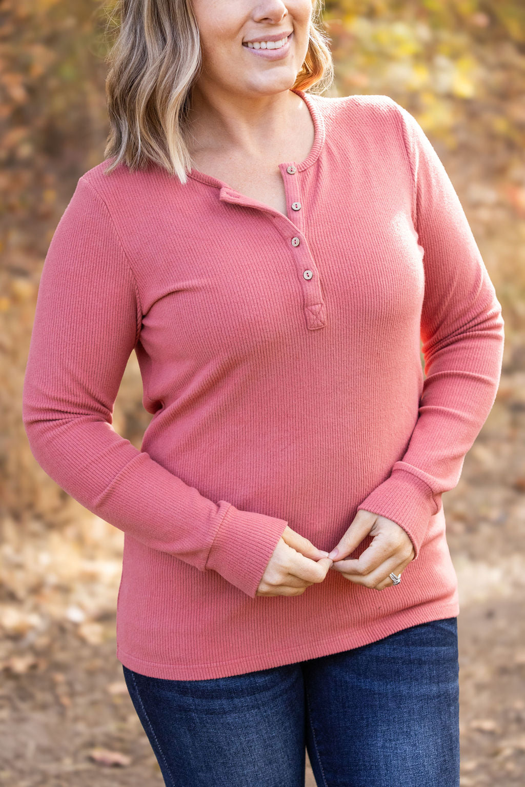 IN STOCK Brielle Henley Ribbed Long Sleeve - Terra Cotta