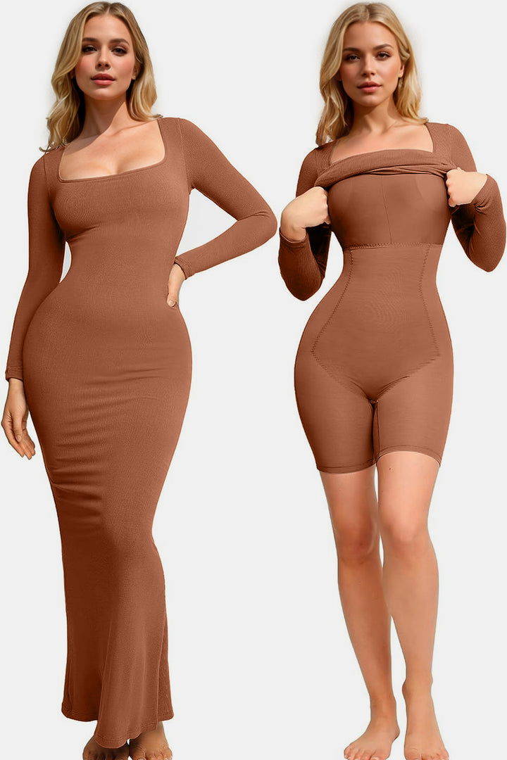 Long Sleeve Maxi Dress Square Neck Full Size Built-In Shapewear