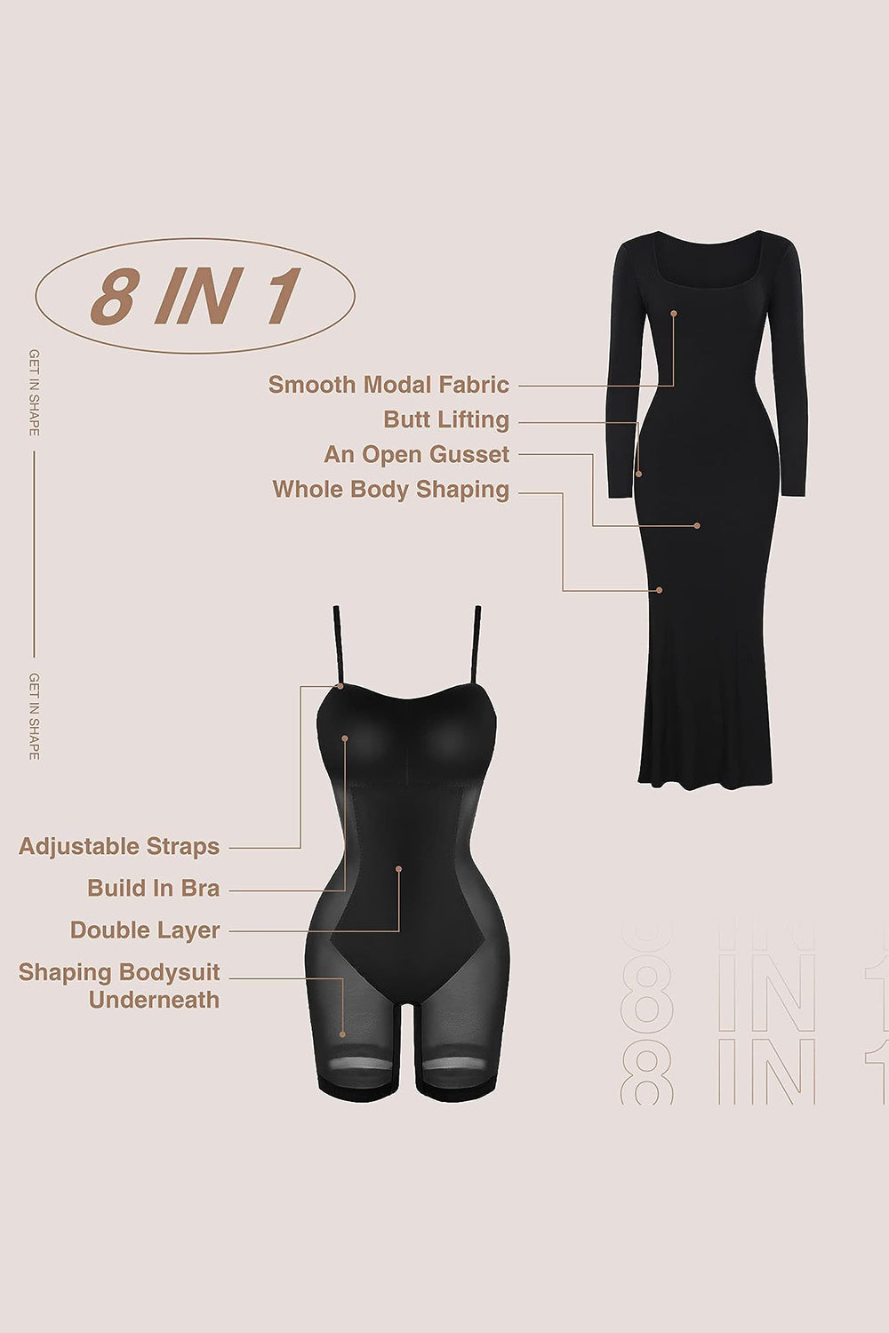 Long Sleeve Maxi Dress Square Neck Full Size Built-In Shapewear