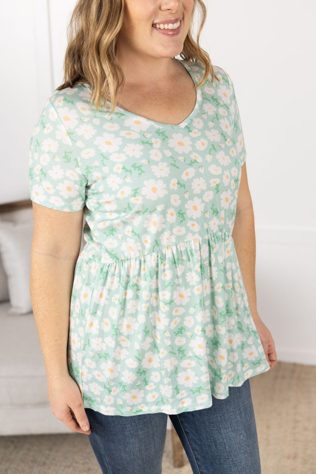 IN STOCK Sarah Ruffle Short Sleeve - Green Floral