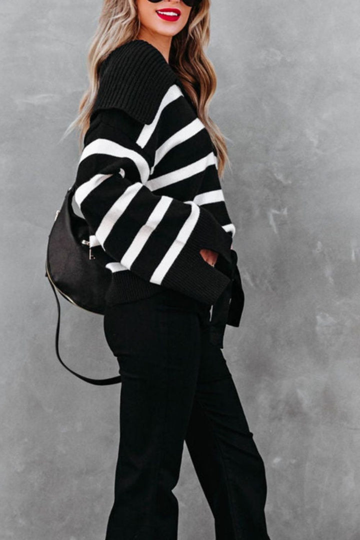 Striped Johnny Collar Long Sleeve Sweater