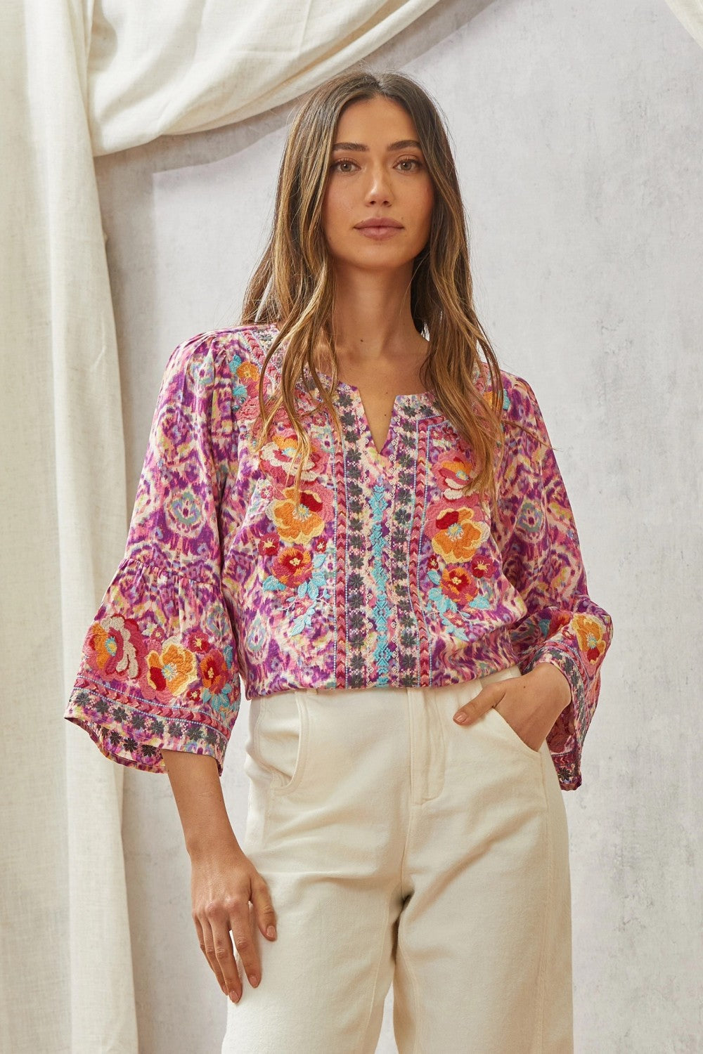 Print Embroidery Tunic Top