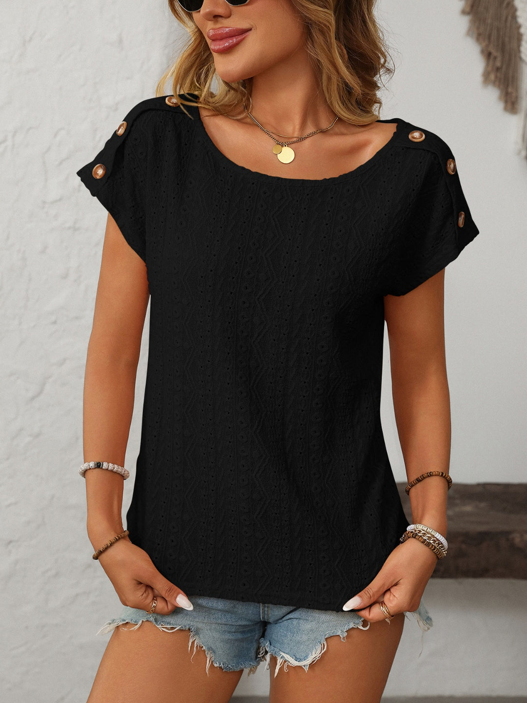 Mandy Eyelet Round Neck Short Sleeve Top