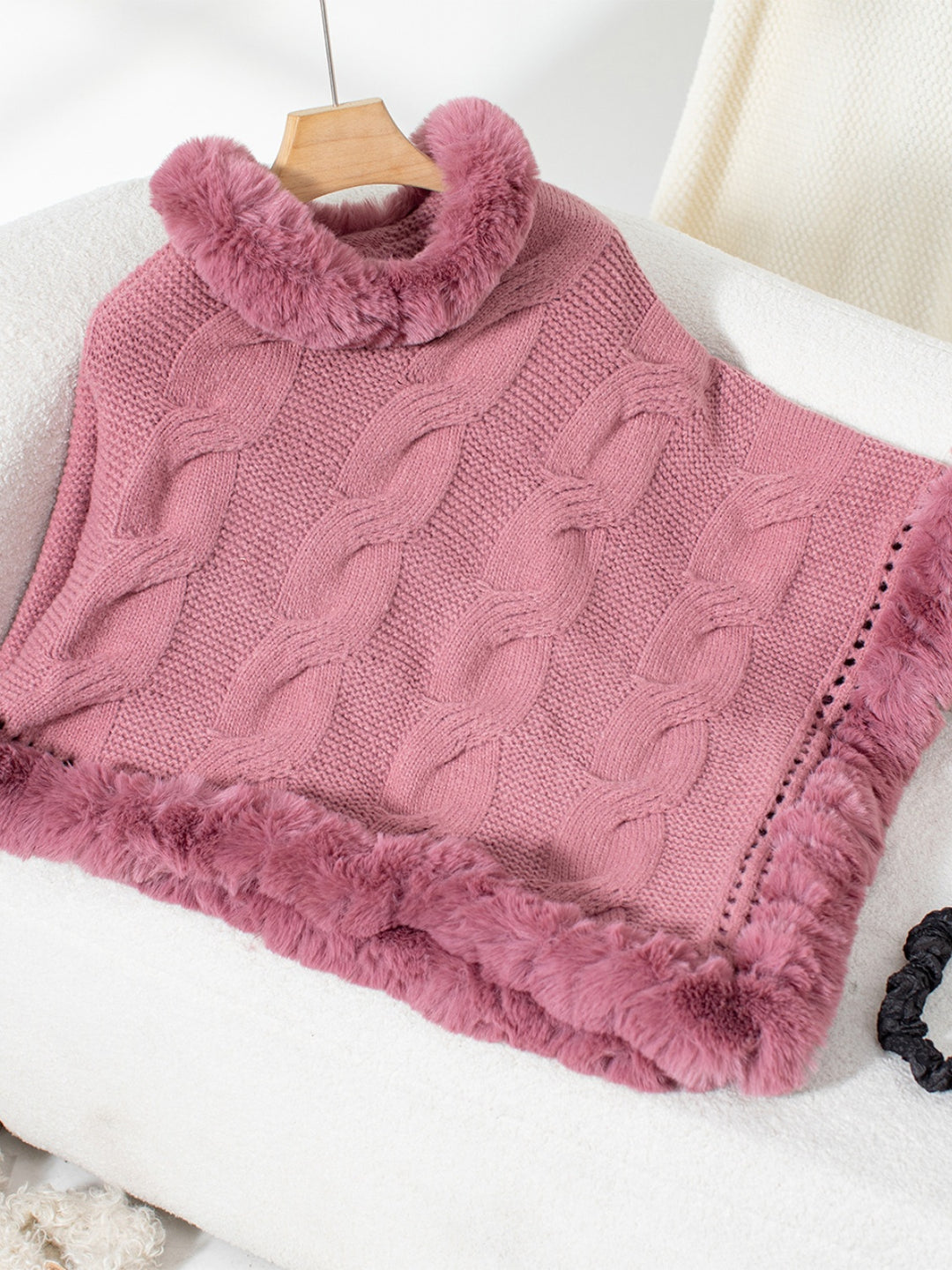 Fuzzy Hem Cable-Knit Poncho