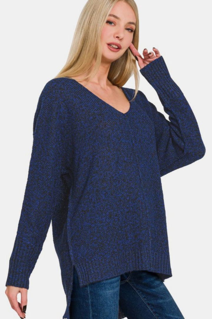 Zenana High-Low Center Seam V-Neck Sweater