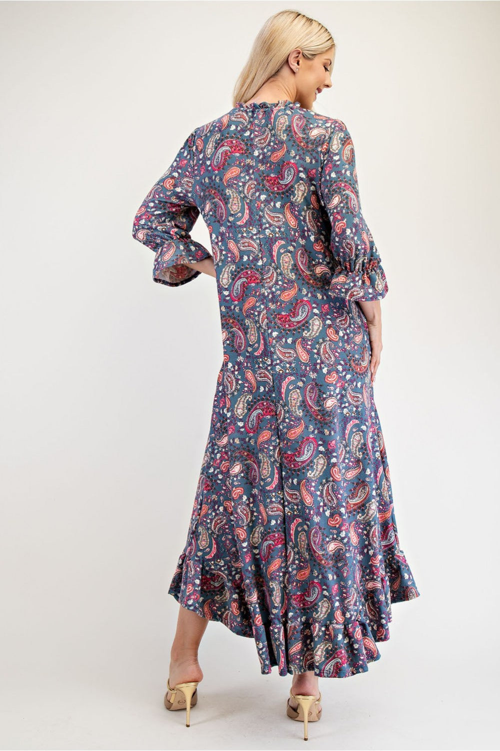 Celeste Full Size Ruffle Hem Paisley Round Neck Dress