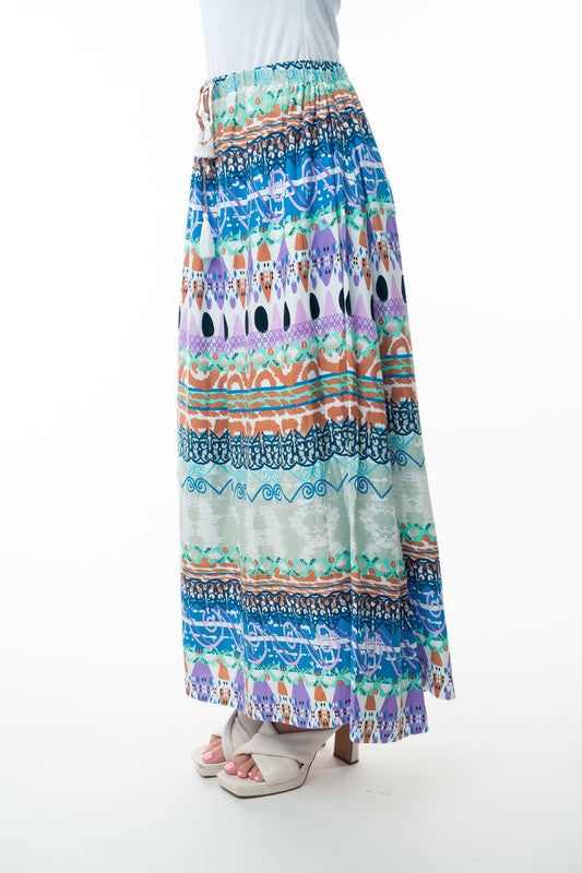 Printed Elastic Waist Band Long Skirt with Tassels in Sage Combo