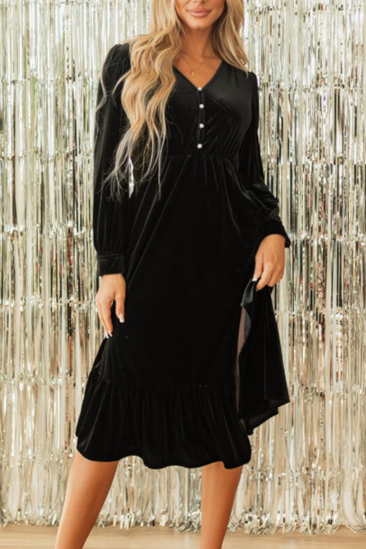 Ruffle Hem Slit V-Neck Long Sleeve Dress