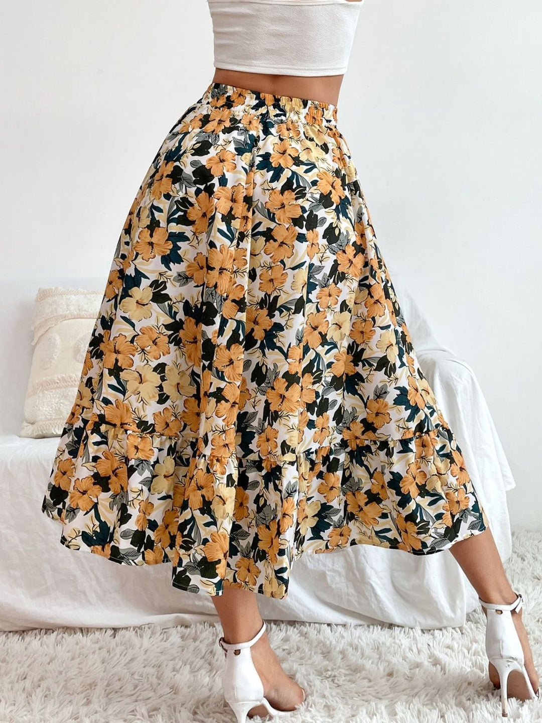 Printed Elastic Waist Midi Skirt