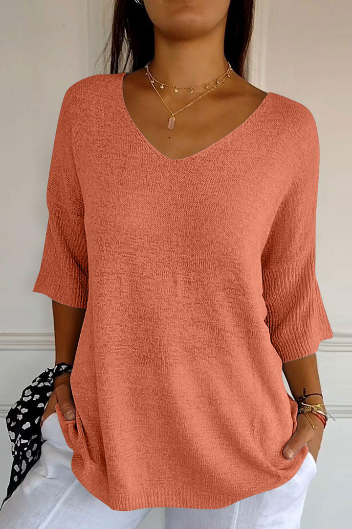 V-Neck Three-Quarter Sleeve Knit Top