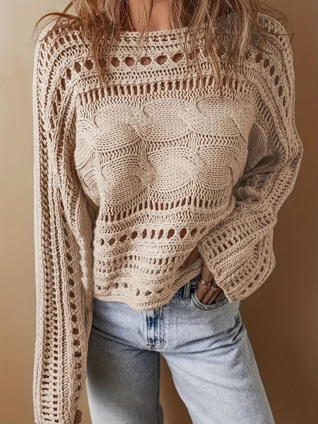 Hollow Out Cable-Knit Boat Neck Sweater