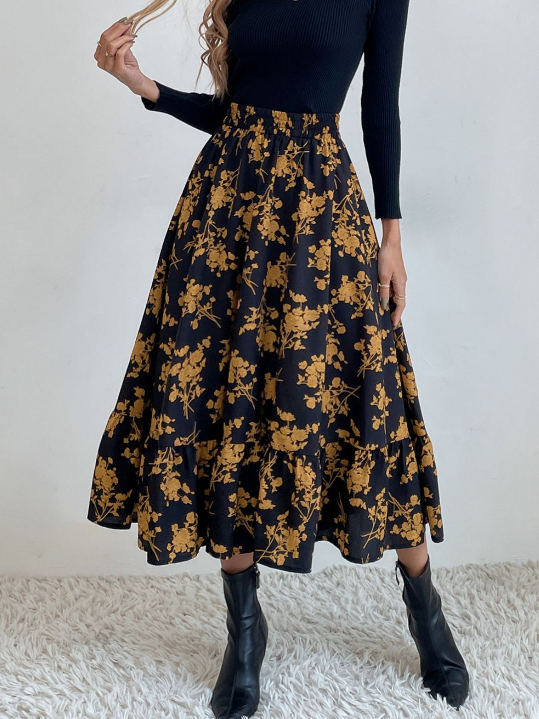 Printed Elastic Waist Midi Skirt