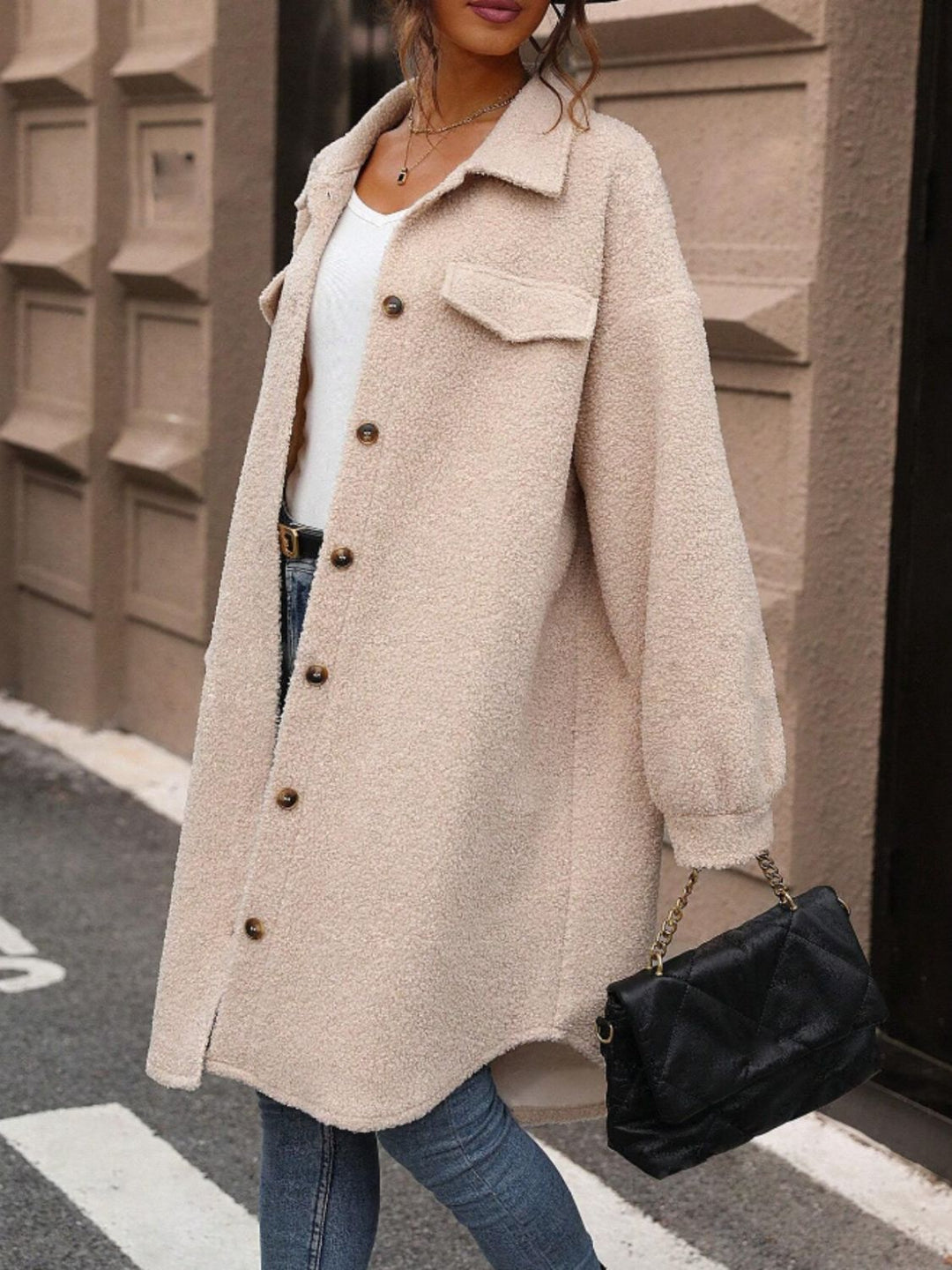 Button Up Drop Shoulder Sherpa Coat