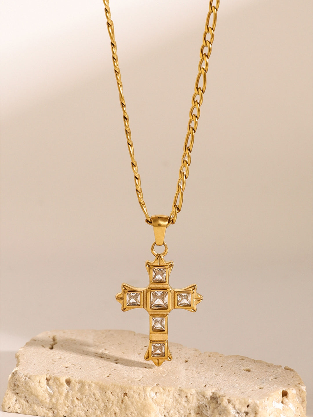 Stainless Steel Zircon Cross Pendant Necklace