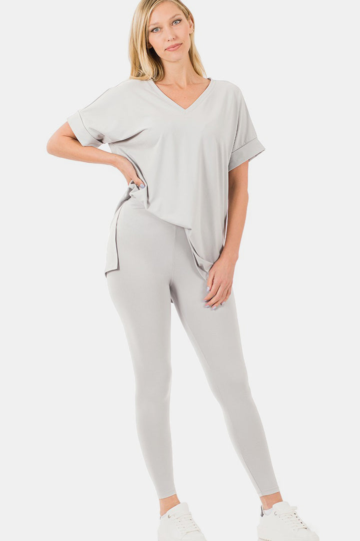 Zenana V-Neck Rolled Short Sleeve T-Shirt and Leggings Lounge Set