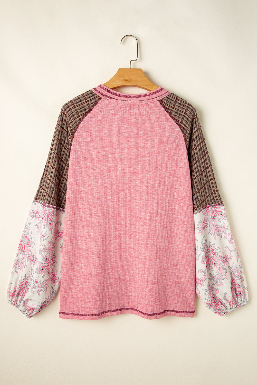 Plaid Floral Patchwork Round Neck Long Sleeve Top