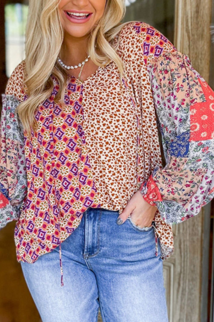 Printed Tie Neck Long Sleeve Blouse