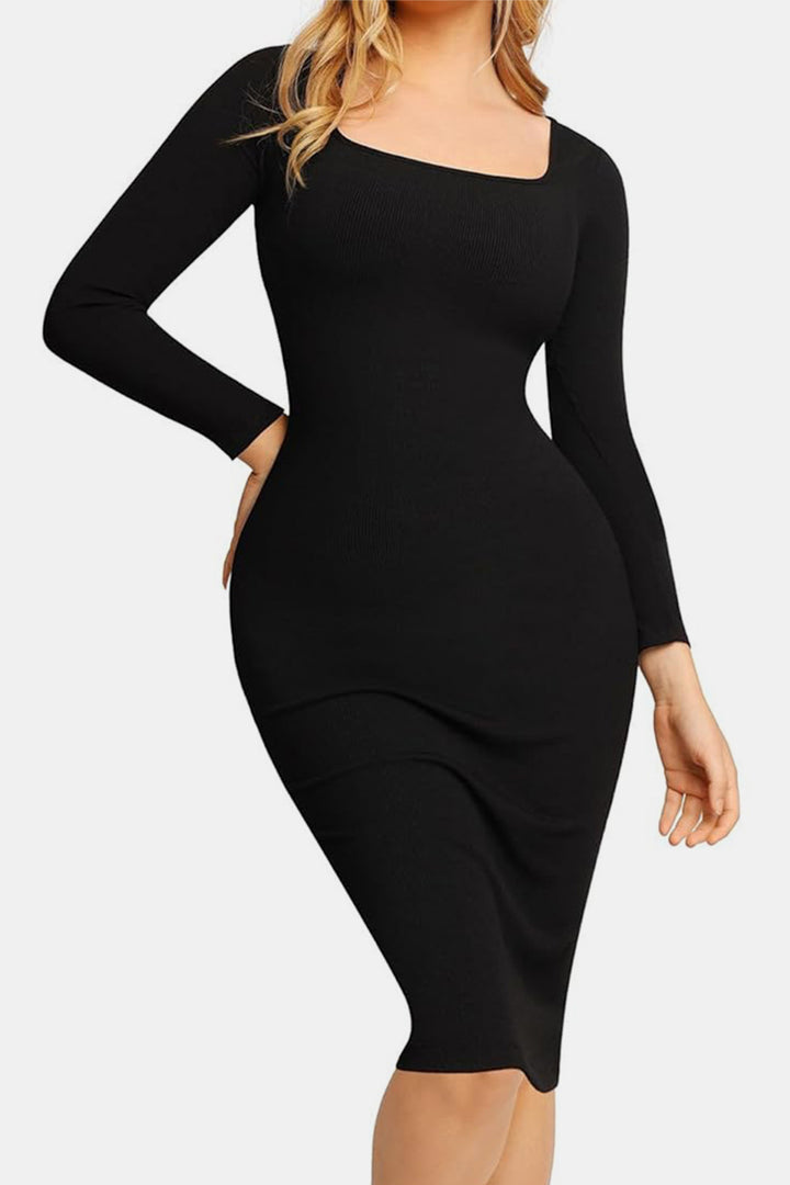 Long Sleeve Dress Square Neck Full Size Built-In Shapewear