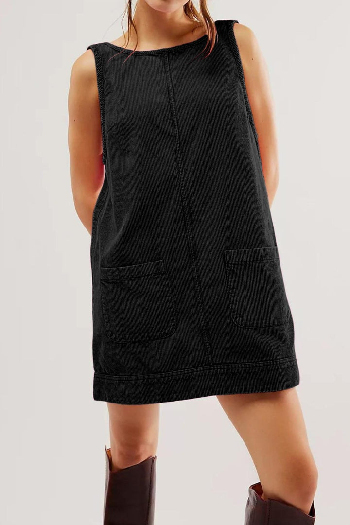 Round Neck Wide Strap Corduroy Mini Dress