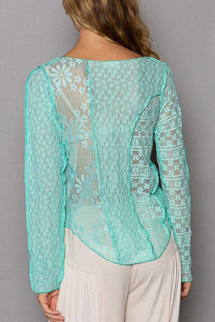 POL Exposed Seam Long Sleeve Lace Knit Top - OW *FINAL SALE*