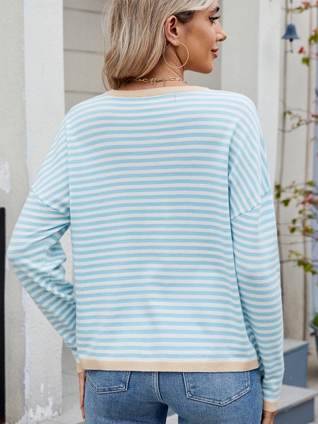 Striped Contrast Round Neck Long Sleeve Sweater