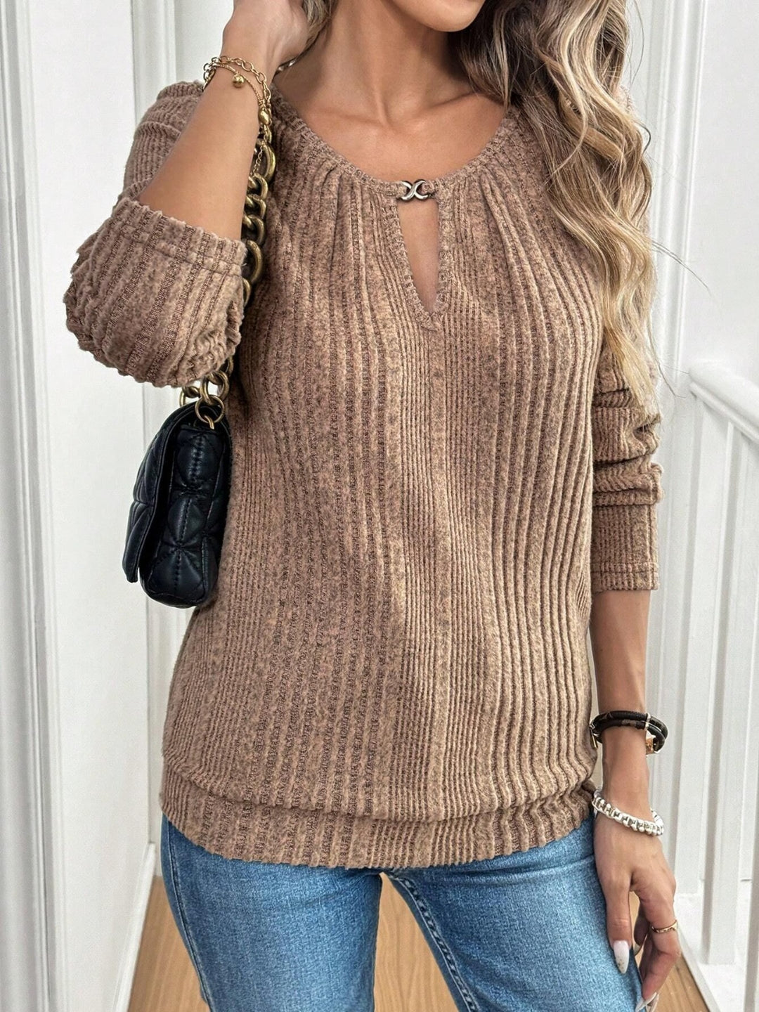 Cutout Round Neck Long Sleeve T-Shirt