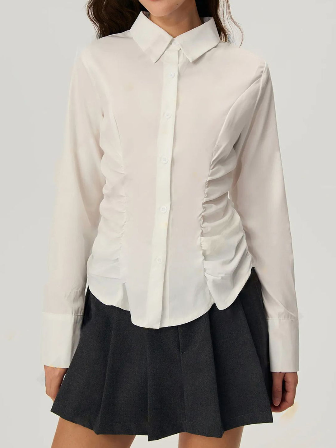 Ruched Button Down Long Sleeve Shirt