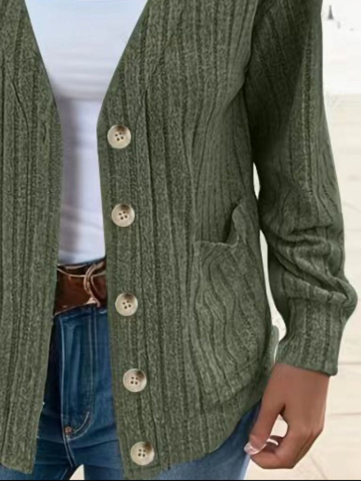 Full Size Button Up V-Neck Long Sleeve Cardigan