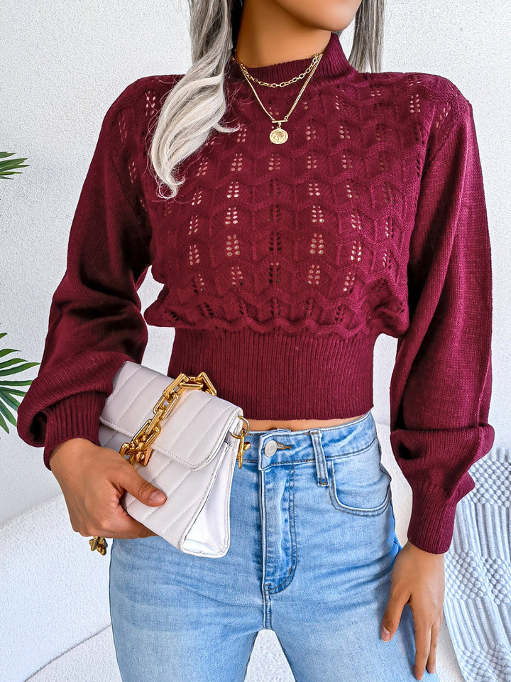 Openwork Mock Neck Long Sleeve Cropped Sweater