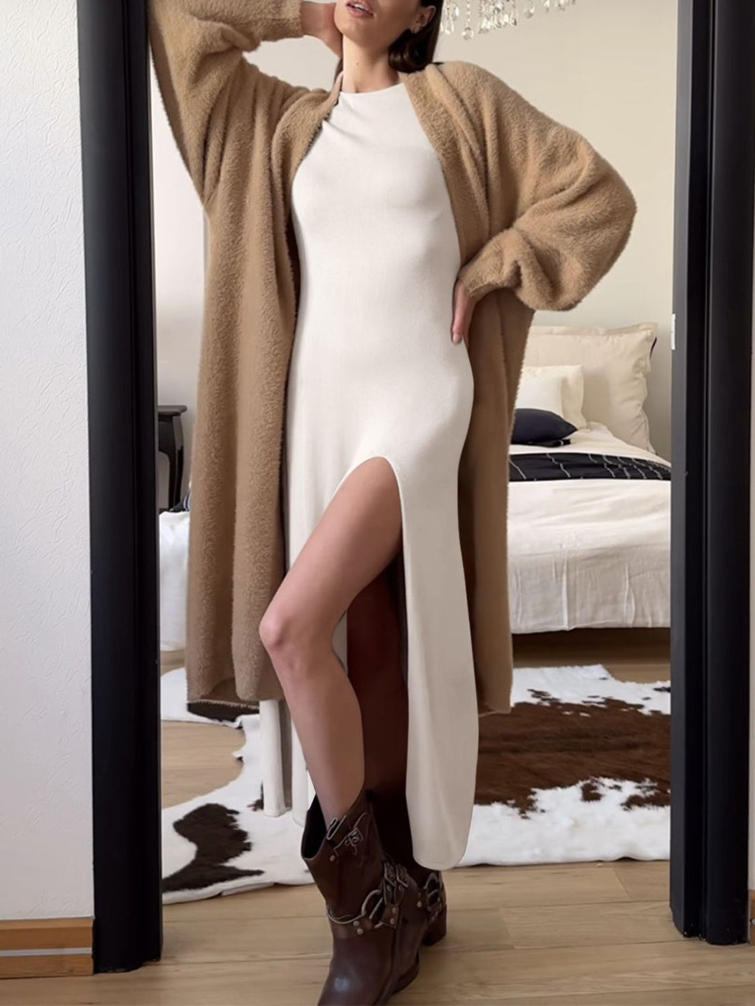 Side Slit Round Neck Long Sleeve Dress