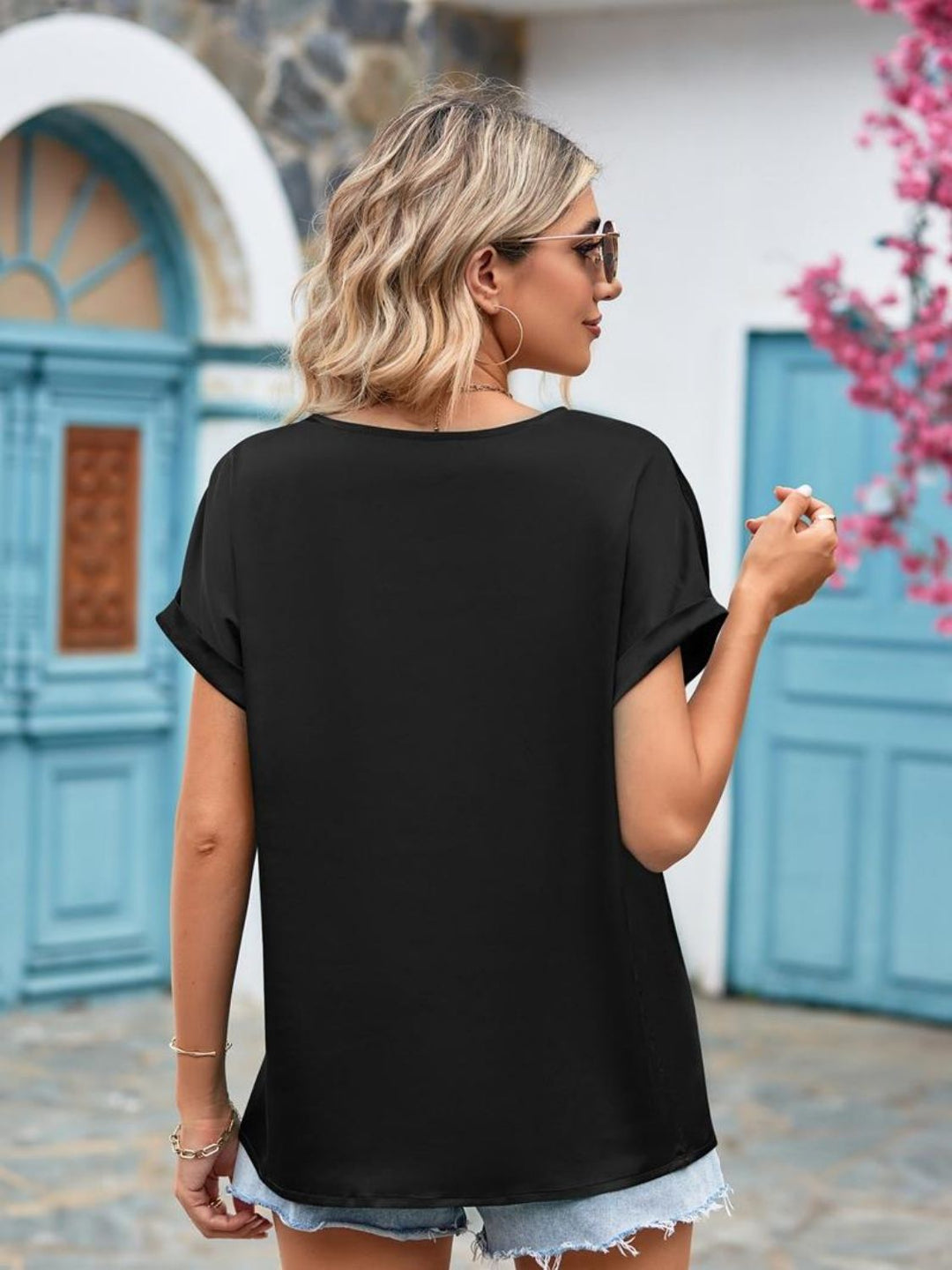 Mandy V-Neck Cuffed Blouse