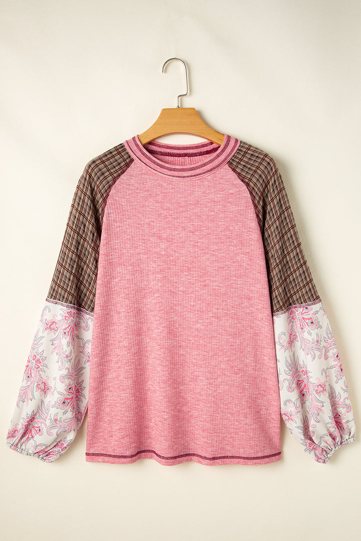 Plaid Floral Patchwork Round Neck Long Sleeve Top