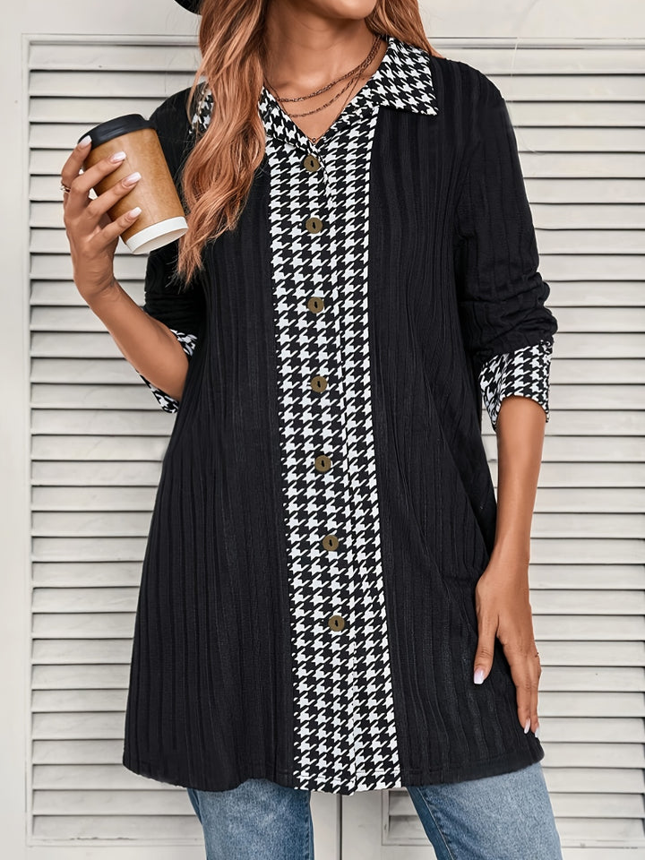 Houndstooth Button Up Long Sleeve Cardigan