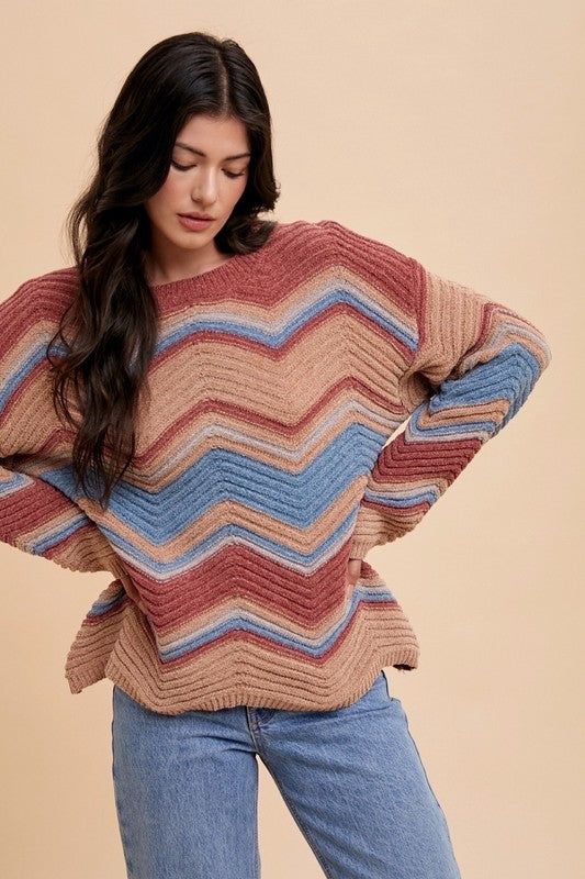 Annie Wear Multi Color Zig-Zag Round Neck Sweater