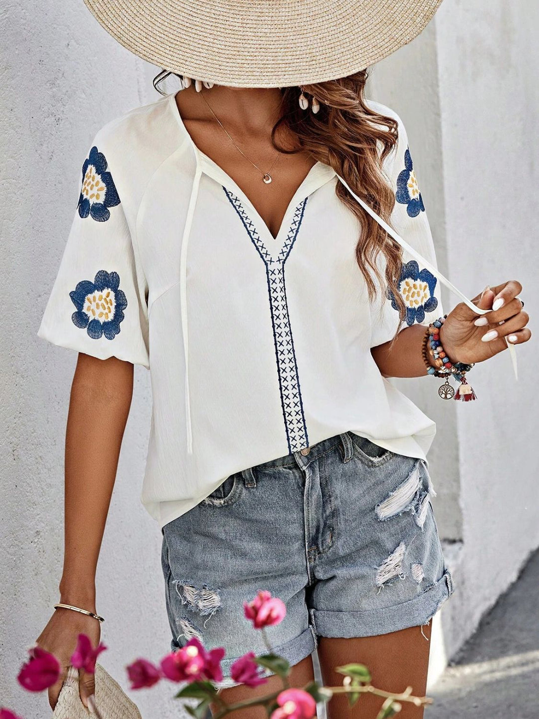 Embroidered Tie Neck Puff Sleeve Blouse