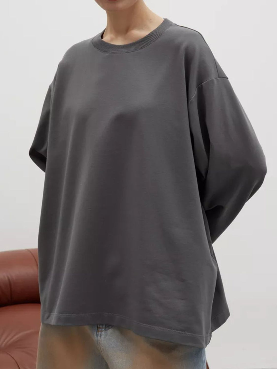 Round Neck Dropped Shoulder Long Sleeve T-Shirt