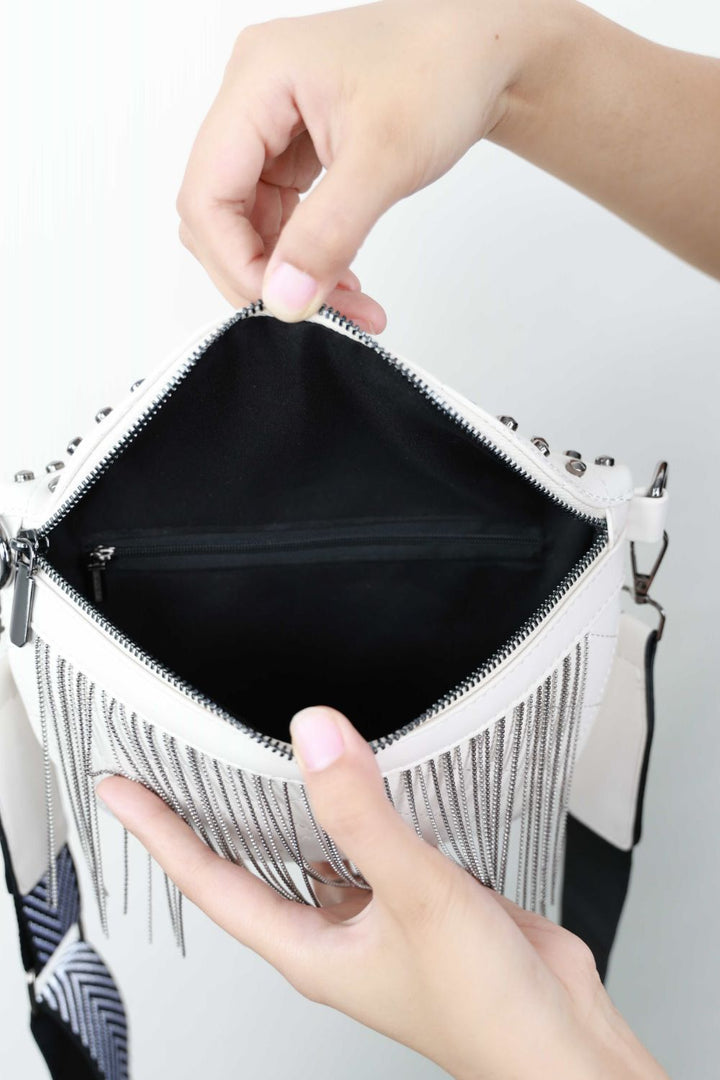 PU Leather Studded Sling Bag with Fringes