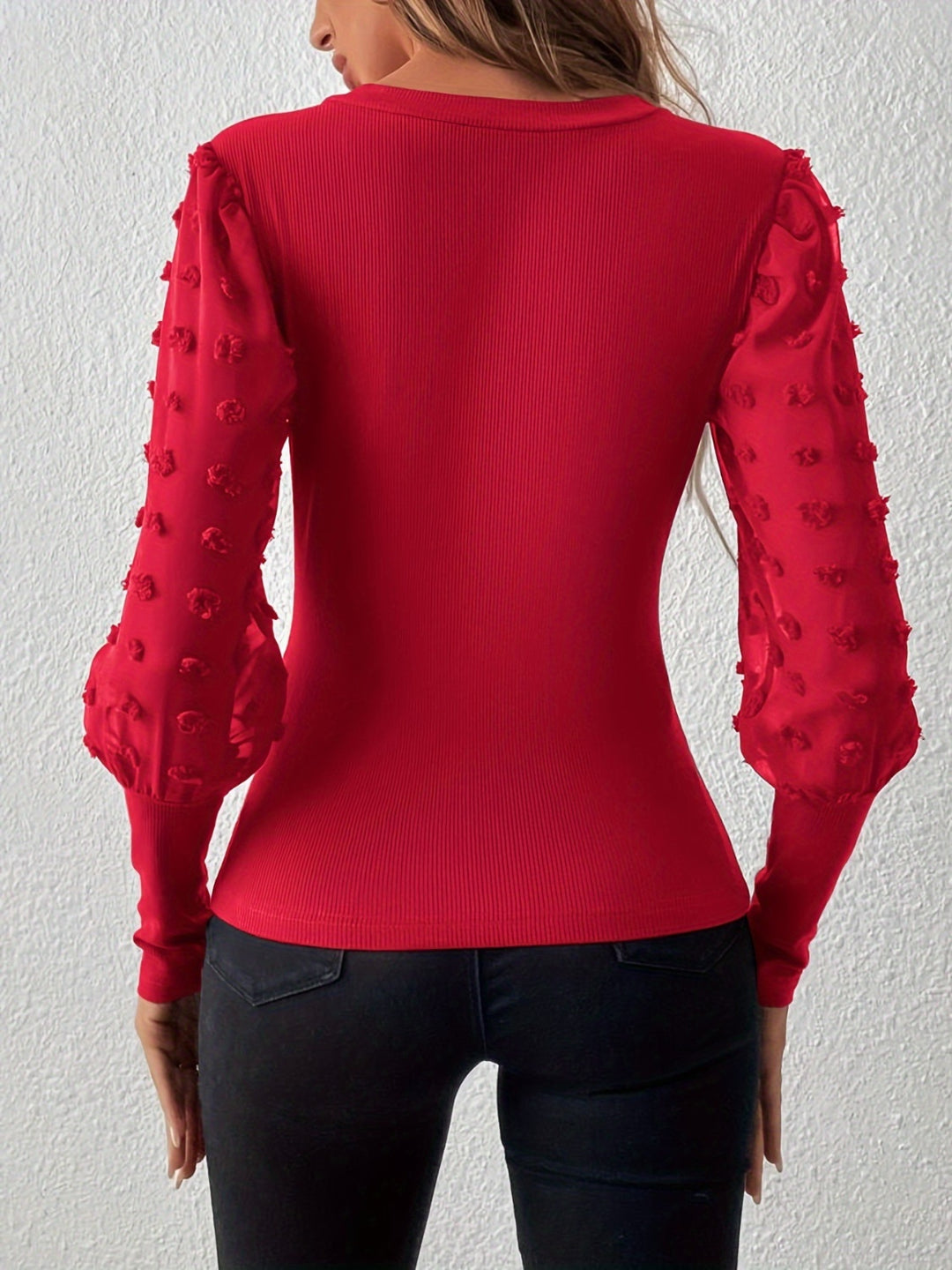 Swiss Dot V-Neck Long Sleeve Top