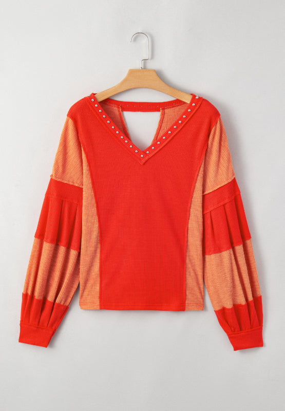 Studded Waffle-Knit V-Neck Long Sleeve Top