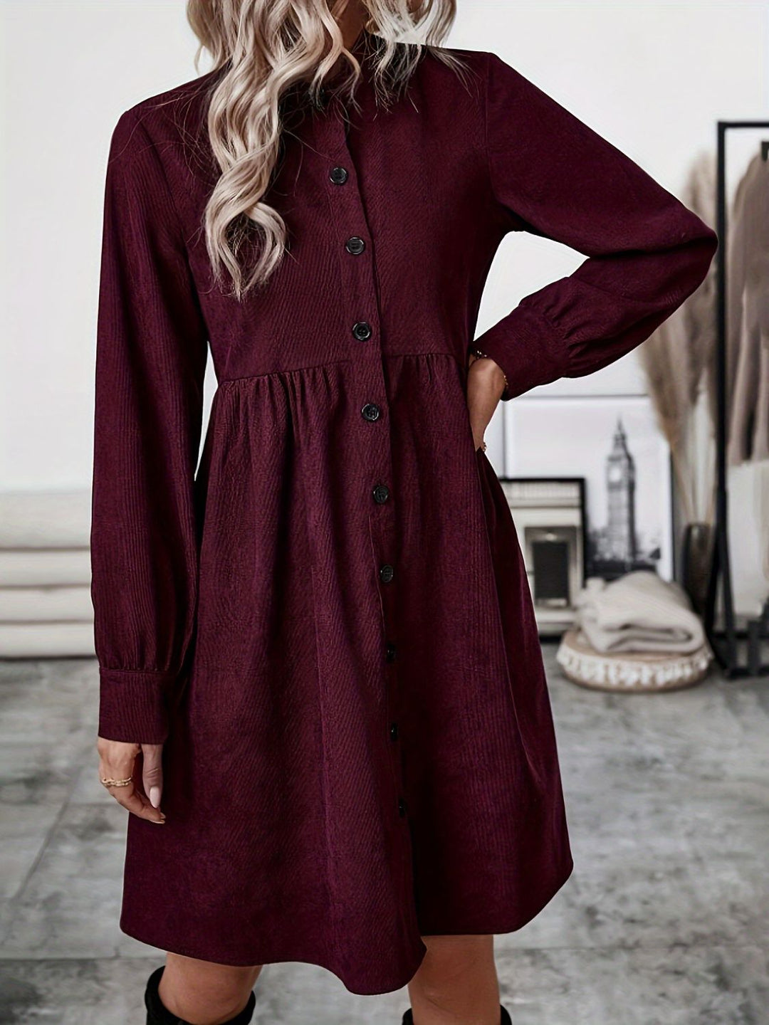 Ruched Button Up Long Sleeve Dress