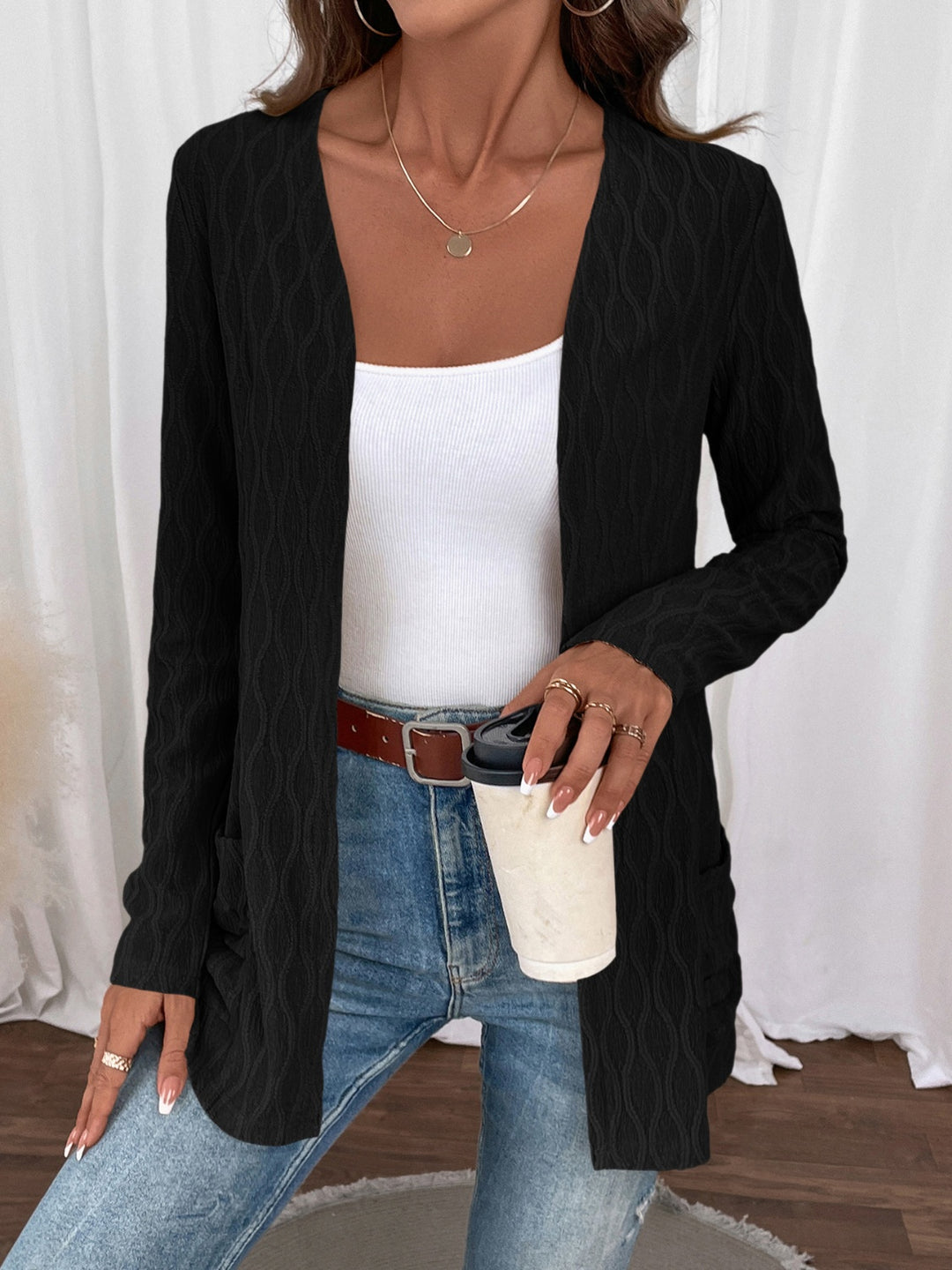 Open Front Long Sleeve Cardigan with Pockets